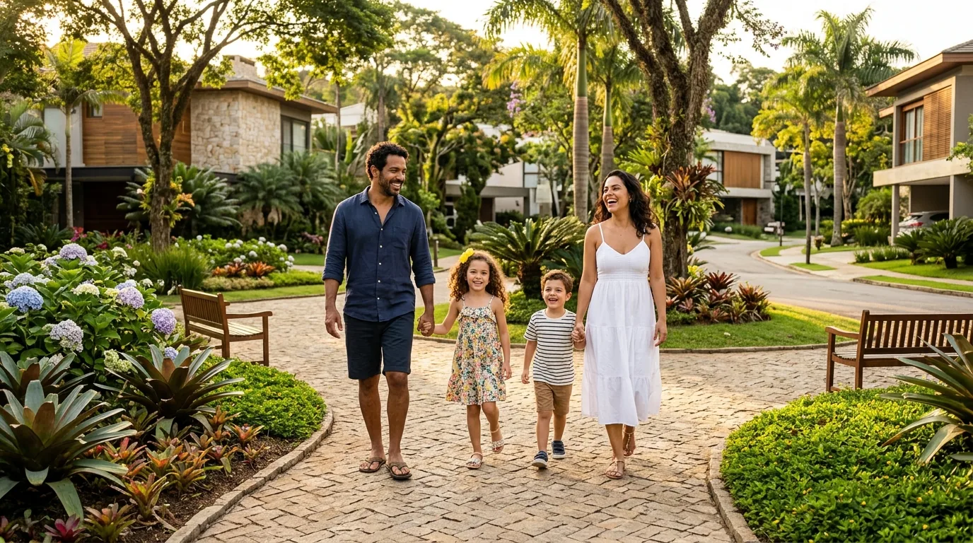 Família passeando tranquilamente pelas alamedas do Campo Belo Residence